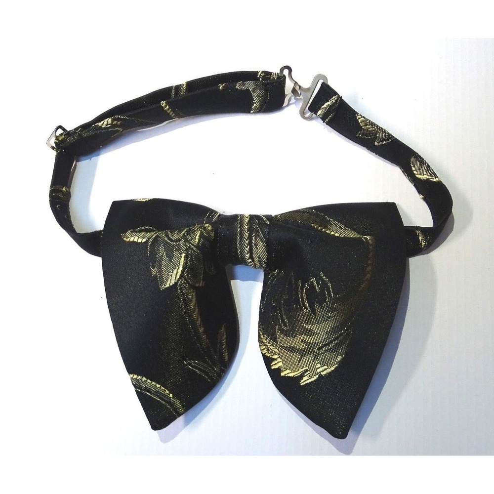 Mens Floppy Bow Tie Black Gold Floral Brocade Metallic Adjustable Pre-Tied Tie